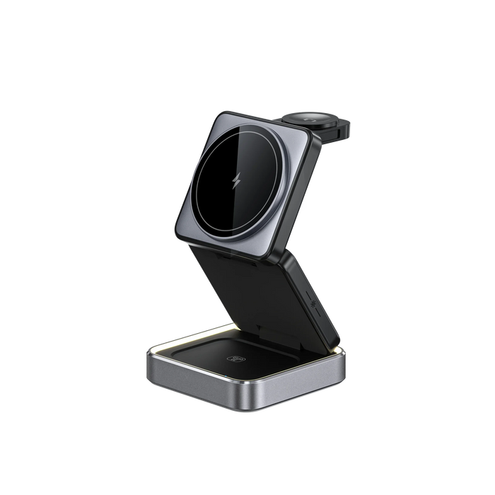 Magnetic 3-in-1 Folding Wireless Charger – Fast Charging Dock for iPhone 12–15, Apple Watch & TWS Earbuds
