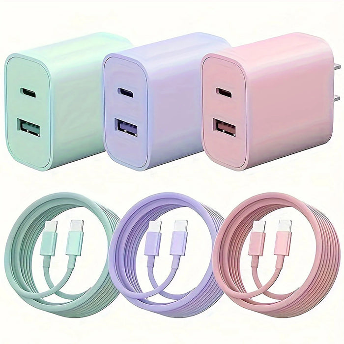 20W Dual USB Wall Charger with 6FT Type-C Cable – PD Fast Charging Block for iPhone & Android Devices