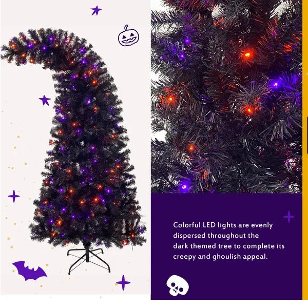 6FT Artificial Fir Bent Top Halloween Christmas Tree, Xmas Tree Bendable Style Christmas Tree Holiday Decoration W1,080 Branch Tips, 300 LED Lights X Mas Halloween Style