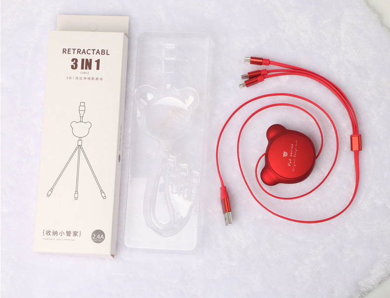 3-in-1 Telescopic Bear Charging Cable – Cute Retractable USB Cable with Mini USB, Micro USB & 30-Pin Connectors (1.2m)