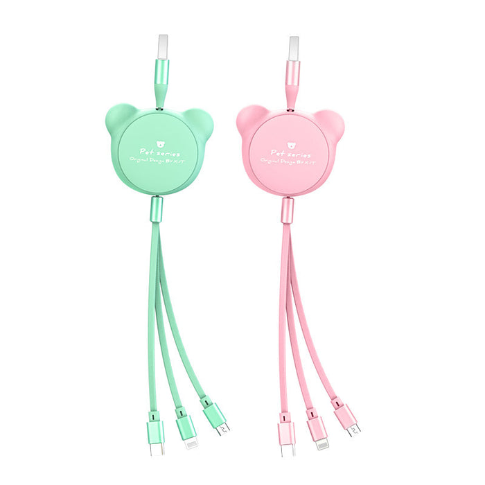 3-in-1 Telescopic Bear Charging Cable – Cute Retractable USB Cable with Mini USB, Micro USB & 30-Pin Connectors (1.2m)