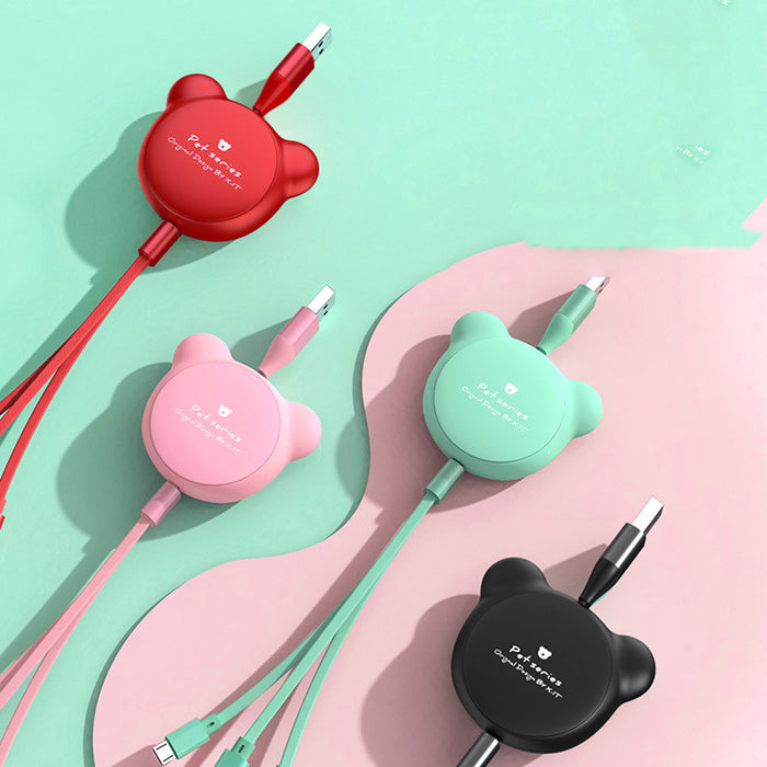 3-in-1 Telescopic Bear Charging Cable – Cute Retractable USB Cable with Mini USB, Micro USB & 30-Pin Connectors (1.2m)