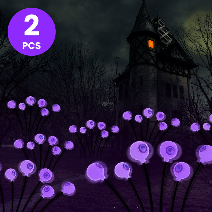 2Pcs Purple Light OR 2Pcs Green Light Solar Scary Eyeballs Lights Outdoor Halloween Decoration Swaying Light Halloween Path Lights Ornaments With Total 12LED IP65 Waterproof For Yard Garden