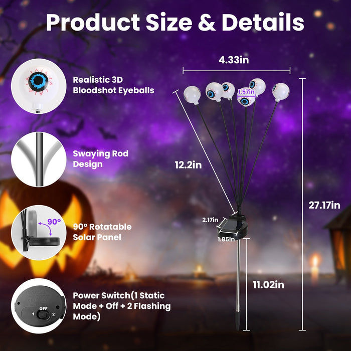 2Pcs Purple Light OR 2Pcs Green Light Solar Scary Eyeballs Lights Outdoor Halloween Decoration Swaying Light Halloween Path Lights Ornaments With Total 12LED IP65 Waterproof For Yard Garden