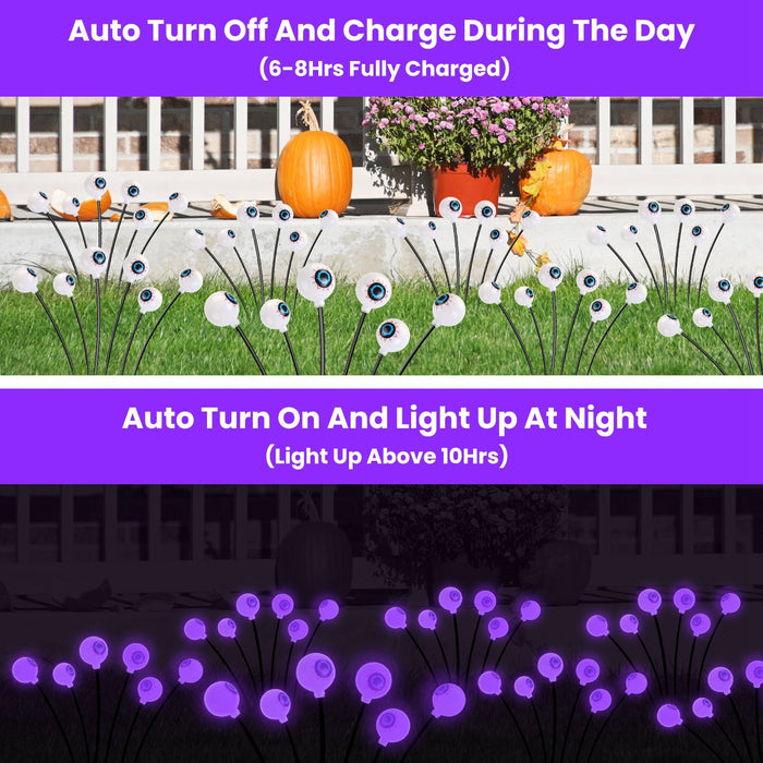 2Pcs Purple Light OR 2Pcs Green Light Solar Scary Eyeballs Lights Outdoor Halloween Decoration Swaying Light Halloween Path Lights Ornaments With Total 12LED IP65 Waterproof For Yard Garden