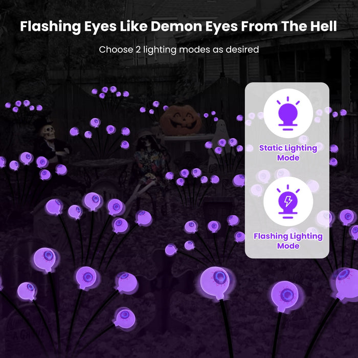 2Pcs Purple Light OR 2Pcs Green Light Solar Scary Eyeballs Lights Outdoor Halloween Decoration Swaying Light Halloween Path Lights Ornaments With Total 12LED IP65 Waterproof For Yard Garden
