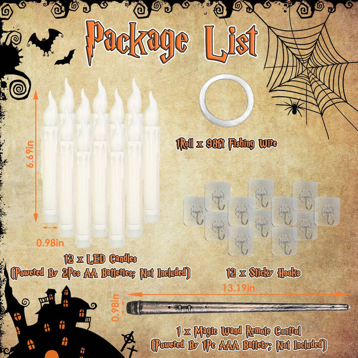 12Pcs Flameless Floating Candles LED Magic Hanging Candle Light Battery Operated Flickering Warm Light Window Candle With Magic Wand Remote For Halloween Christmas Party