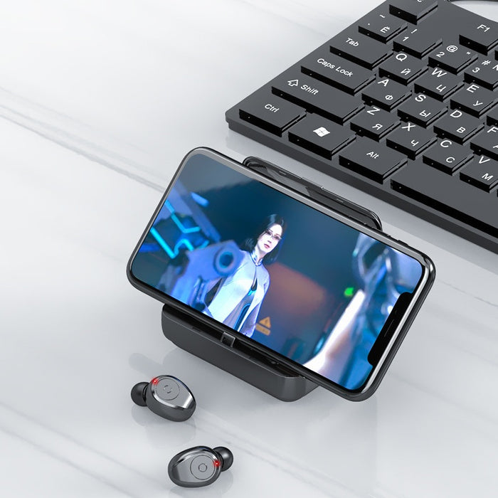 2-in-1 Bluetooth Earbuds with Charging Case & Phone Stand – Wireless & Multifunctional