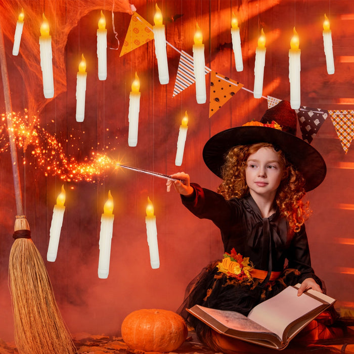 12Pcs Flameless Floating Candles LED Magic Hanging Candle Light Battery Operated Flickering Warm Light Window Candle With Magic Wand Remote For Halloween Christmas Party