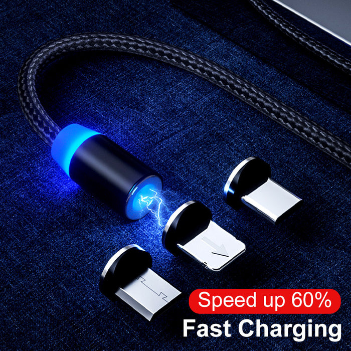 3-in-1 Magnetic Fast Charging Cable – USB to Type-C, Micro USB, Lightning – Flash Charging for Phone & Car Use