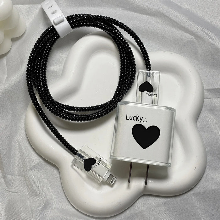 Lucky Black Heart Charger and Data Cable Protective Case – Stylish Protection for Apple Devices