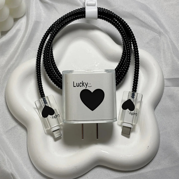 Lucky Black Heart Charger and Data Cable Protective Case – Stylish Protection for Apple Devices