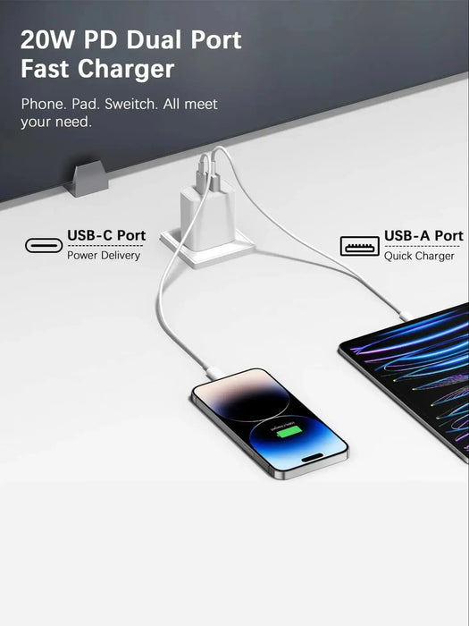 20W Dual-Port USB-C Fast Charger Block with 6FT Cable for iPhone 15 Series