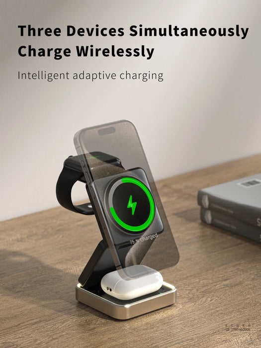 Magnetic 3-in-1 Folding Wireless Charger – Versatile Charging for iPhone, Apple Watch, and TWS Earbuds