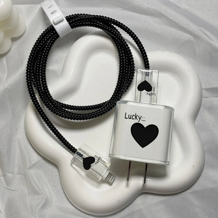 Lucky Black Heart Charger and Data Cable Protective Case – Stylish Protection for Apple Devices