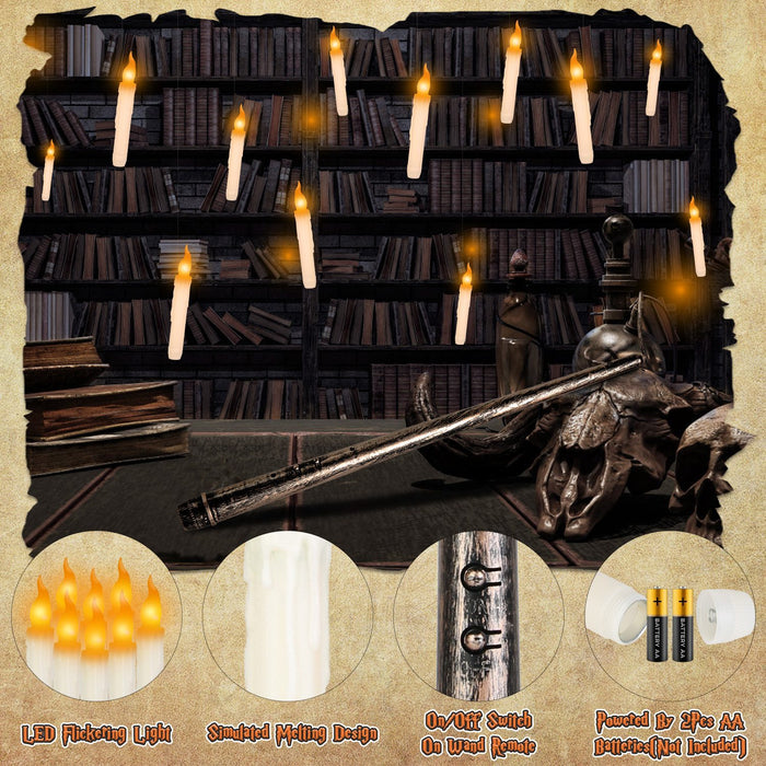 12Pcs Flameless Floating Candles LED Magic Hanging Candle Light Battery Operated Flickering Warm Light Window Candle With Magic Wand Remote For Halloween Christmas Party