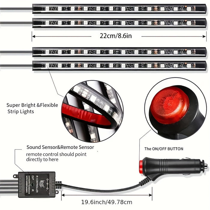 RGB LED Car Interior Strip Lights – USB Ambient Footwell Lamp with Remote & Music Sync